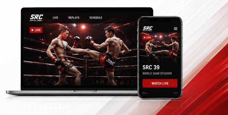 Muay Thai streaming shown on a laptop and phone